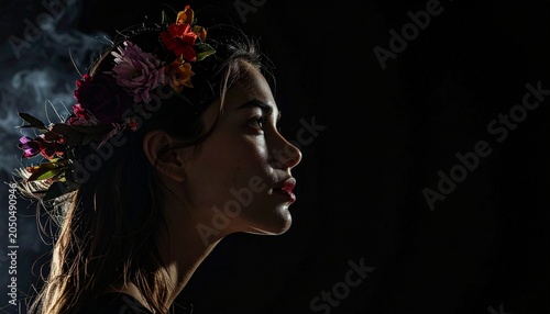 Woman's profile with floral crown, dramatic lighting
