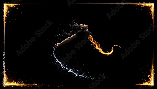 Person merging water and fire elements against black