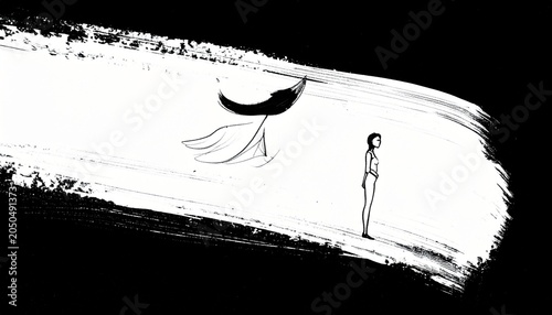 Silhouette of a person, flag, on a white brush stroke