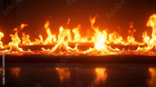 Horizontal line of blazing fire flames on dark background