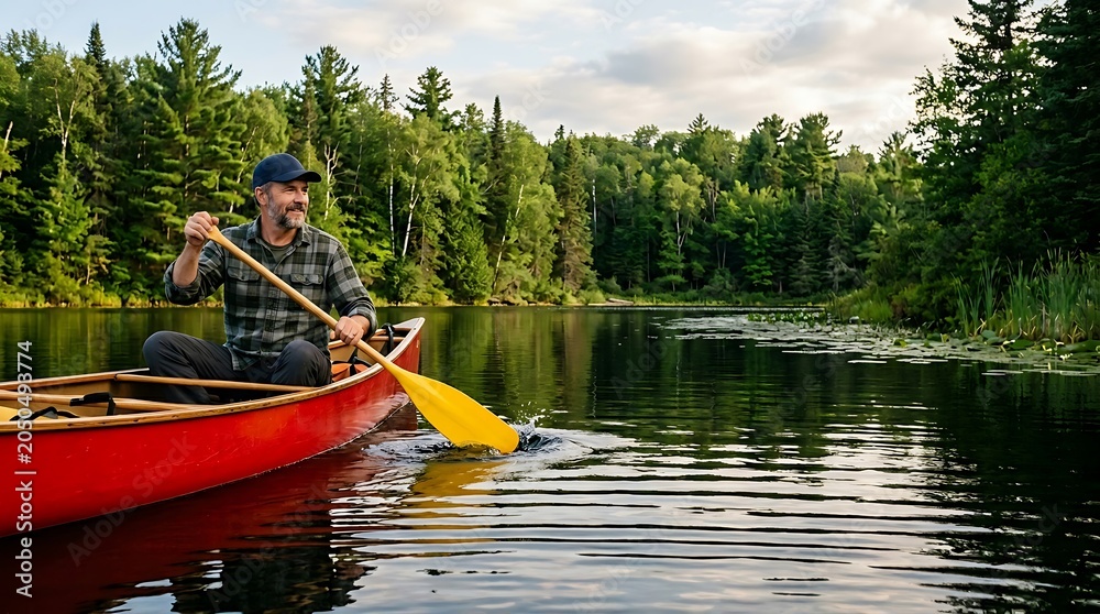 Fototapeta premium Man paddling a canoe on a serene lake surrounded by lush green trees and calm water