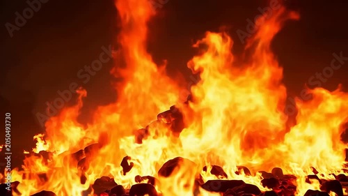 Intense Blazing Fire with Bright Orange and Yellow Flames Burning over Glowing Coals