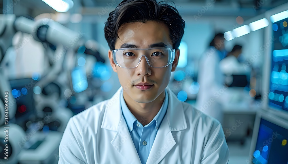 Fototapeta premium A young Asian man in a lab coat and safety glasses in a laboratory setting