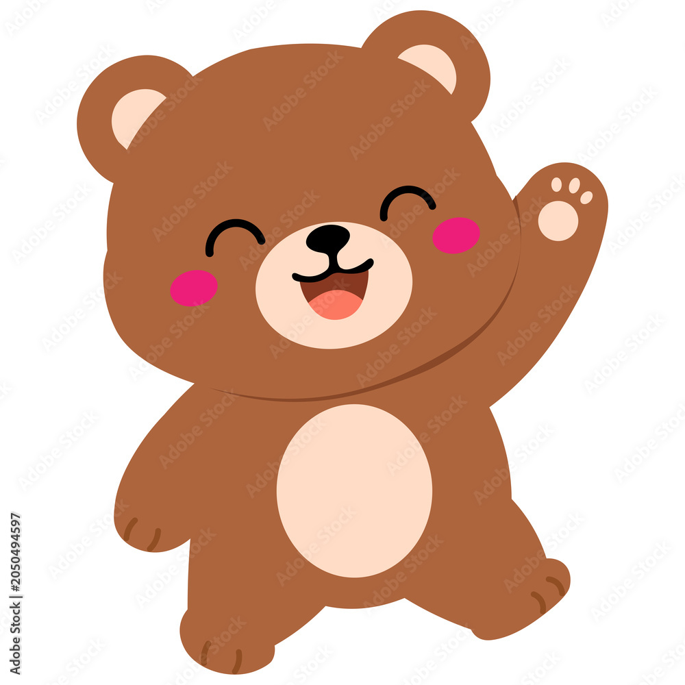 Fototapeta premium Cute happy teddy bear waving hand cartoon illustration