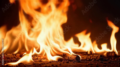 Bright Orange Flames Burning Over Wooden Logs During A Nighttime Bonfire
