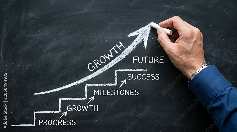 © CREATIVIT.XO - Hand drawing upward arrow graph with words progress growth milestones success future on blackboard symbolizing business advancement