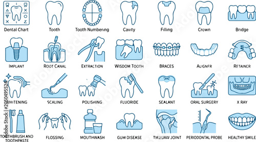 Cuadro en lienzo Dental health icons illustrate common procedures and treatments performed by dentists to maintain oral hygiene and treat various tooth conditions