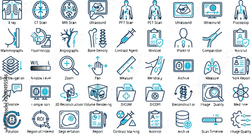 Картината върху платно Medical diagnostic icons depict various radiological imaging procedures and modern healthcare scanning technology used in clinical settings