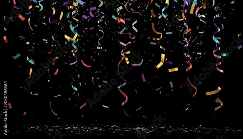 Colorful confetti and streamers against black