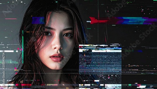 Young woman with digital glitches, looking straight on
