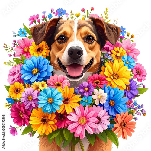 Colorful dachshund puppy with flower wreath.