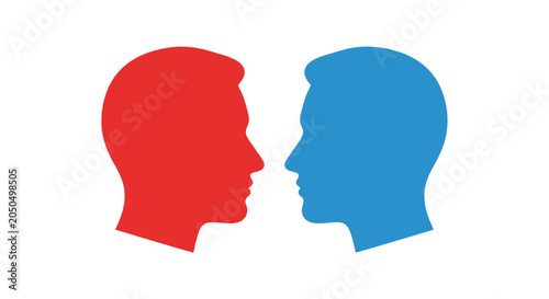 Foto Red and blue male head silhouettes facing each other