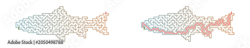 Fish maze outline in colorful design for summer labyrinth printable  