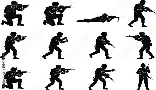 Foto Military soldier silhouette set featuring special forces tactical combat poses a