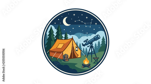 Camping at night with telescope under starry sky, constellation Orion