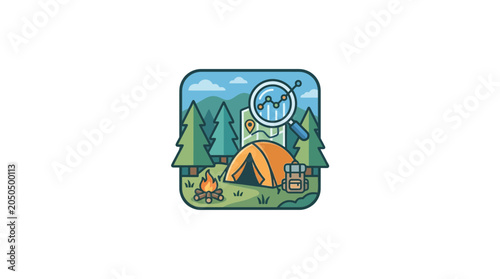 Camping Analytics: Tent, Campfire, Backpack, Map with Magnifying Glass and Graph