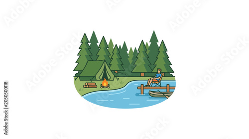 Camping and fishing by lake, forest and tent, outdoor recreation scene