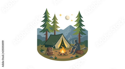 Camping adventure, person by campfire near tent, forest, mountains, night sky