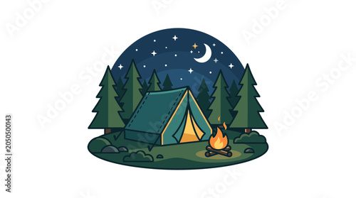 Camping at Night: Tent, Campfire, Stars, Moon, and Forest