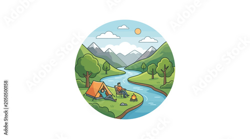 Camping by River in Mountains: Nature Scene with Tent, Fire, and People