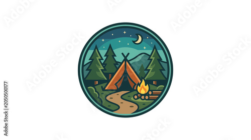 Camping Icon: Tent, Campfire, Trees, Mountains under Starry Night Sky