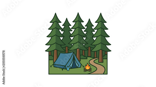 Camping in forest: Tent, campfire, and pine trees with winding path illustration
