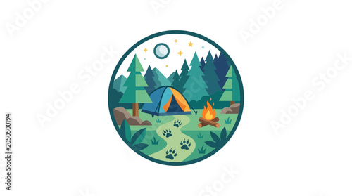 Camping in forest with tent, campfire, and paw prints, night scene