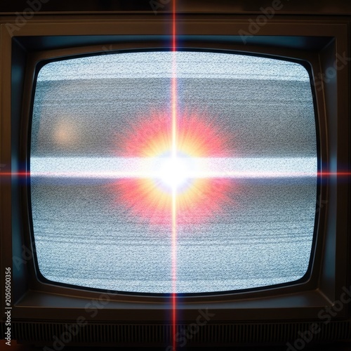 Retro Television Screen with Static and Bright Light Burst.