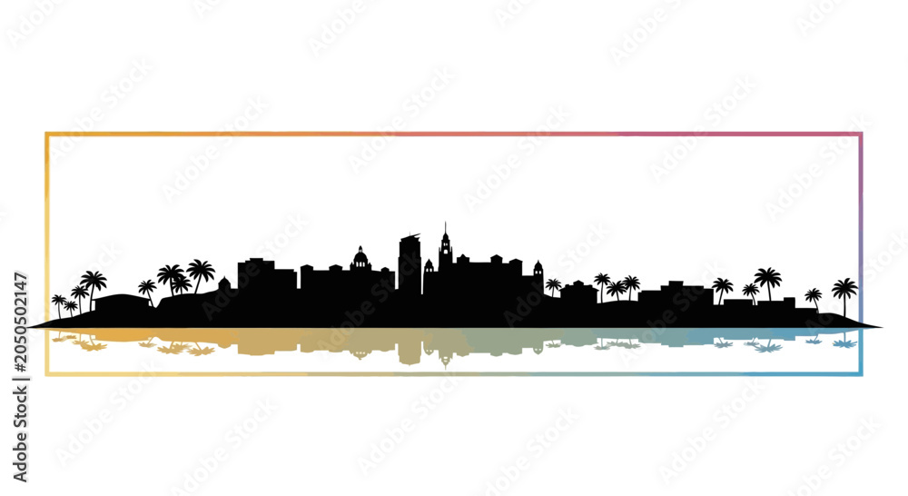 Naklejka premium Cityscape Silhouette with Palm Trees and Rainbow Border Reflection