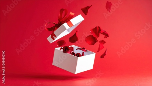 Open gift box flying with rose petals on red background. Valentines, christmas and new year shopping sale promo display.