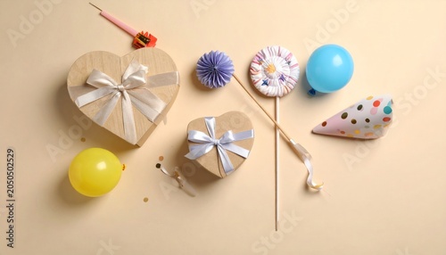 Party hats, topper, gift box and balloons on beige background, flat lay