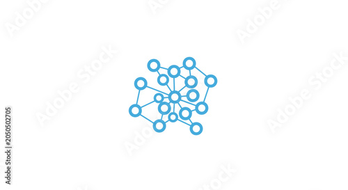 A blue abstract network diagram showing interconnected nodes on a white background