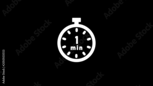 White stopwatch icon indicating one minute on a black background timer clock