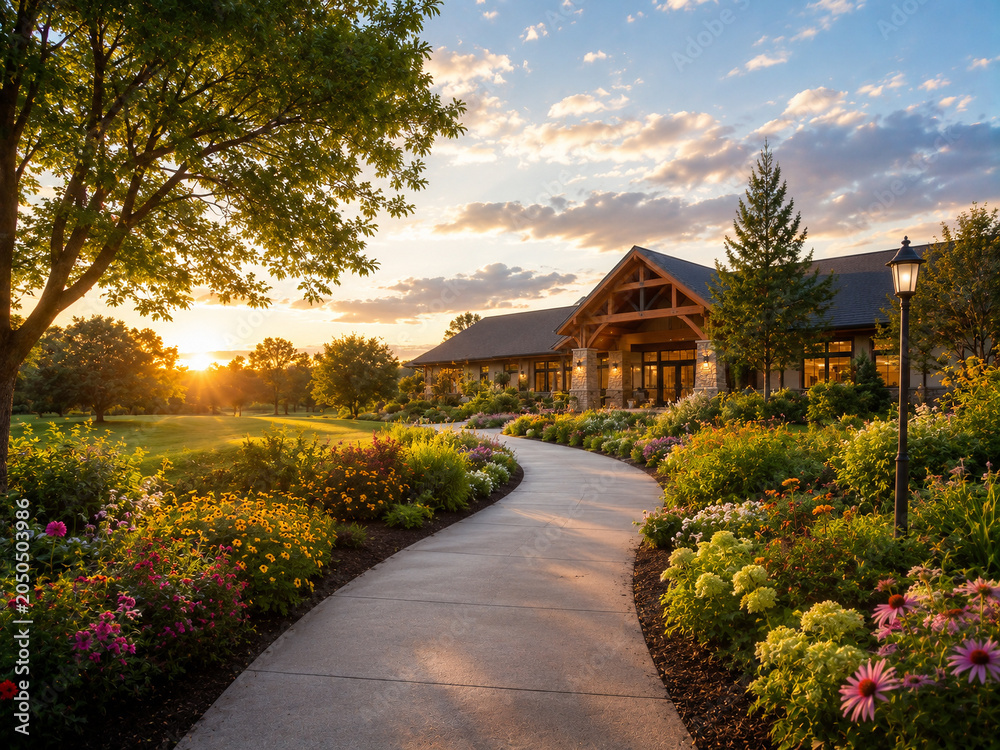 Fototapeta premium Beautiful Lodge with Lush Gardens and Sunset Landscape
