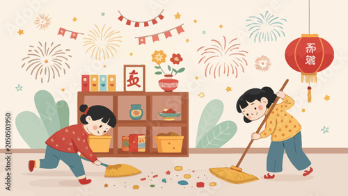 Bild auf Leinwand Two children cleaning up colorful confetti and debris on the floor with brooms a