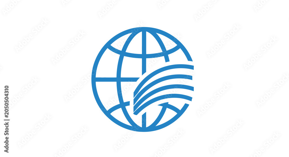 Fototapeta premium A blue graphic icon showing a stylized globe with abstract lines