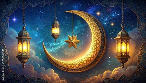 Ramadan Kareem greeting crescent islamic symbol with hanging lantern arabic pattern