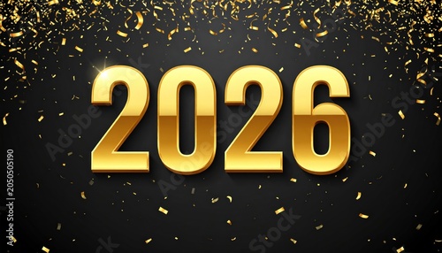 Realistic 2026 golden numbers and festive confetti on black background. Vector holiday illustration