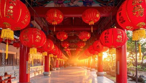 red lantern decoration for Chinese New Year Festival at Chinese shrine Ancient chinese art with the Chinese alphabet