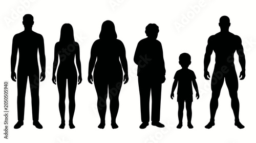 Set of human silhouettes of different ages body types and genders.