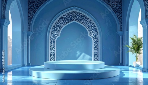 Round pedestals in a serene blue room, rendered in 3D with intricate arabesque designs, Perfect for Ramadan-themed projects