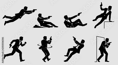 Set of silhouettes of a secret agent holding a gun.