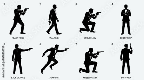 Set of silhouettes showing a secret agent in various tactical gun handling poses.