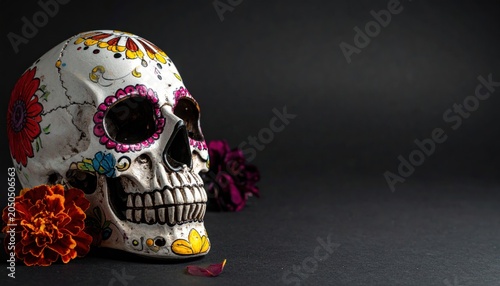 Skull decorated for the day of the dead with black background and in oblique view with copy space.