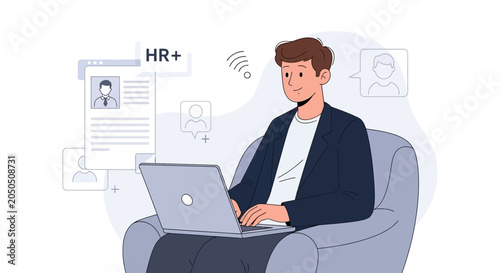 Remote HR professional analyzing candidate profiles on a laptop, modern flat design illustration.