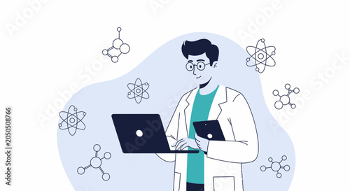 Scientist Using Laptop with Molecules and Atoms, Science and Technology Concept