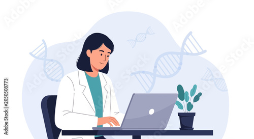 Scientist in Lab Coat Working on Laptop with DNA Background