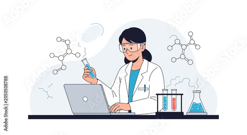 Scientist Working in Laboratory with Laptop, Test Tubes, and Molecular Structures