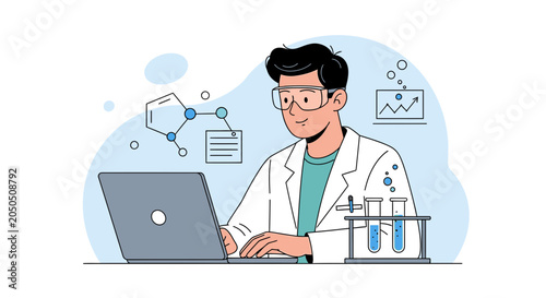 Scientist Working on Laptop in Laboratory with Chemical Molecules and Test Tubes
