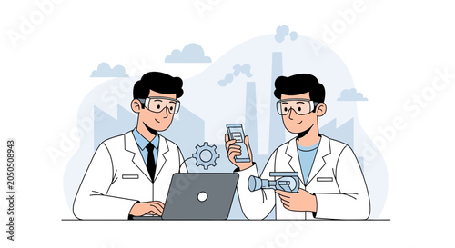 Scientists collaborate in laboratory, analyzing data on laptop and holding valve prototype with factory background